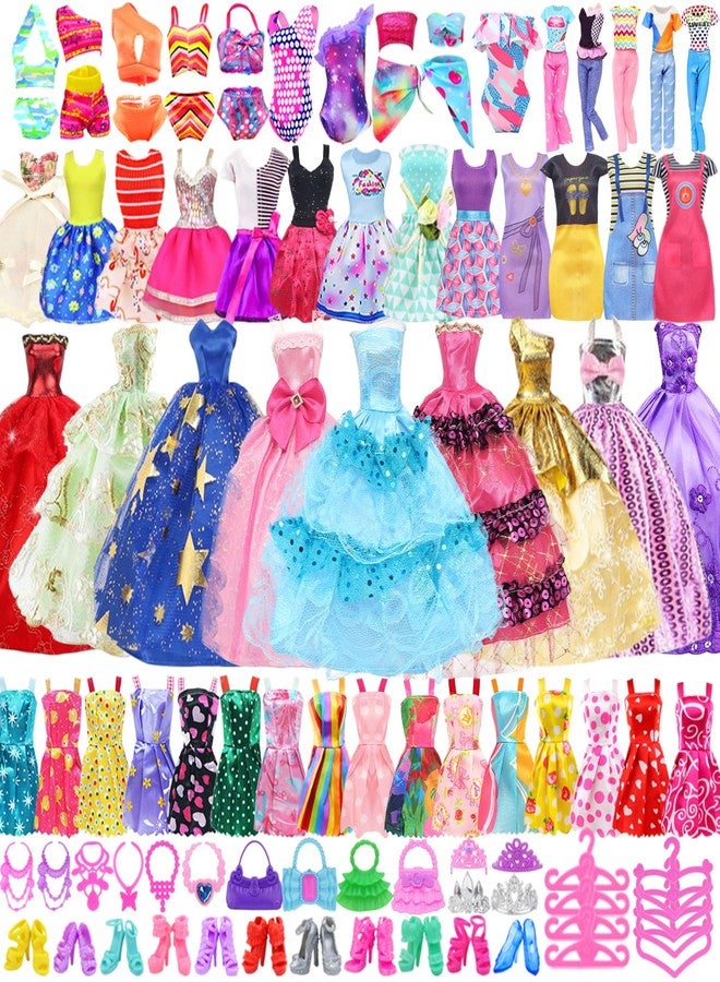 Ecore Fun 99 Pcs Doll Clothes Outfits and Accessories- 5 Princess/ Wedding Gowns 12 Fashion Dresses 2 Leisure Outfits 2 Bikini Swimsuits 10 Shoes and 57 Accessories for 11.5 inch Dolls,Girl Gift - Image 1